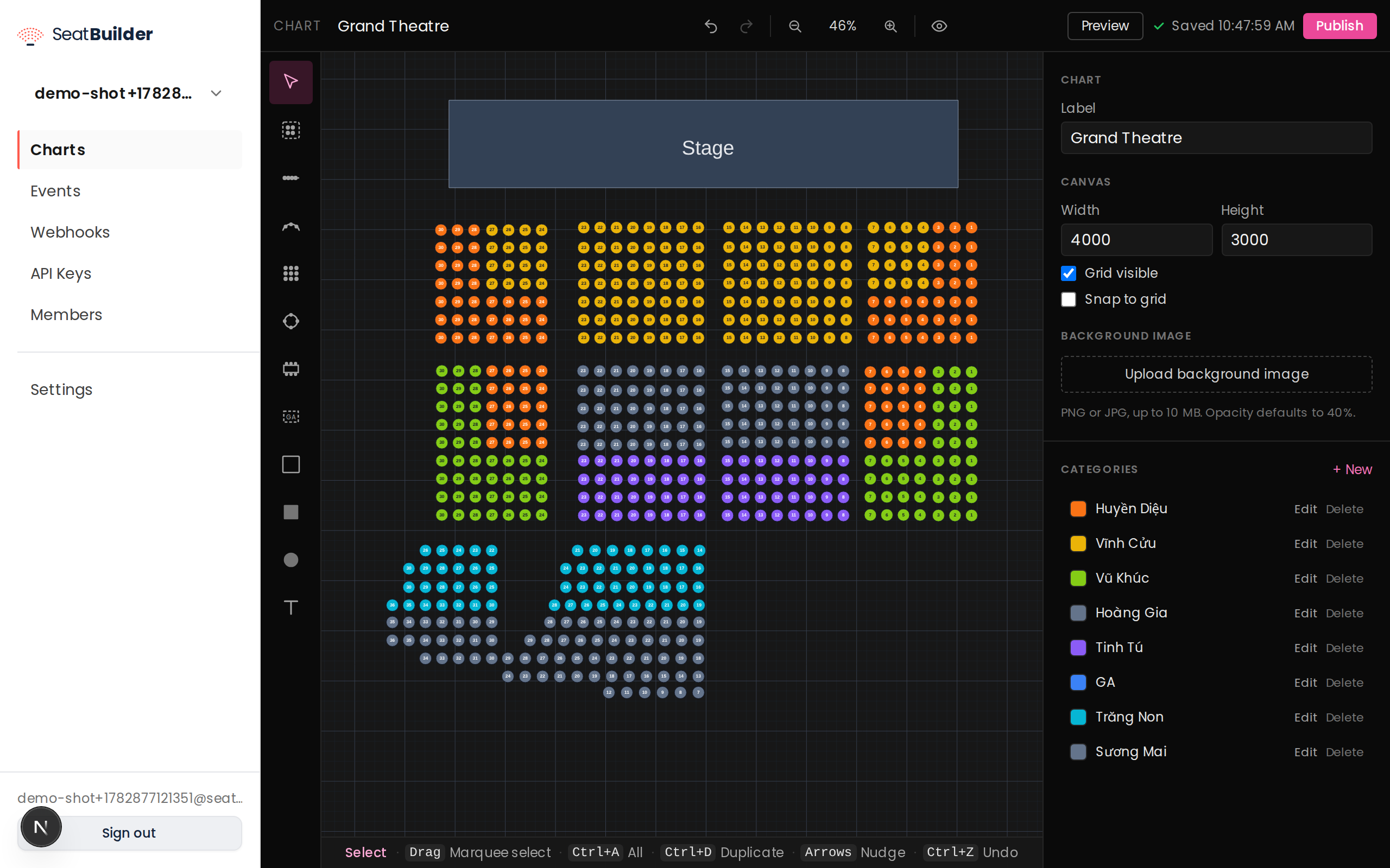 SeatBuilder chart editor with a populated venue layout